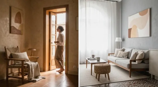Persona observando con calma un salon luminoso de estilo mediterraneo contemporaneo en un piso espanol, reflexionando sobre su propio estilo decorativo