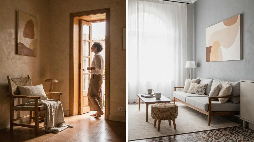 Persona observando con calma un salon luminoso de estilo mediterraneo contemporaneo en un piso espanol, reflexionando sobre su propio estilo decorativo
