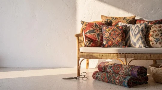 Composición editorial de cojines artesanales con estampados étnicos y telas de mercadillo en un salón español de estilo boho-mediterráneo