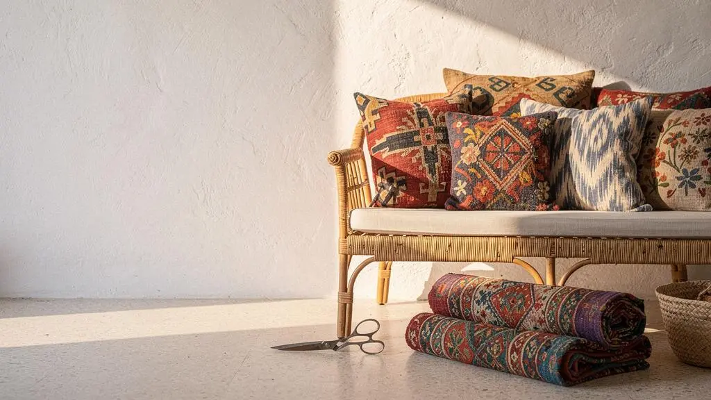 Composición editorial de cojines artesanales con estampados étnicos y telas de mercadillo en un salón español de estilo boho-mediterráneo