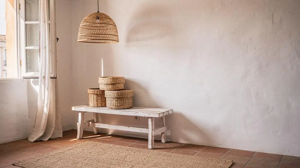 Rincón de un salón mediterráneo español decorado con cestas, lámparas y textiles de fibras naturales tejidas a mano