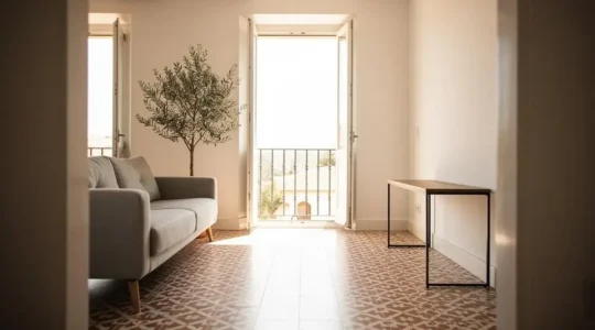 Salón luminoso de un piso español con mobiliario bien distribuido que permite una circulación fluida entre los espacios