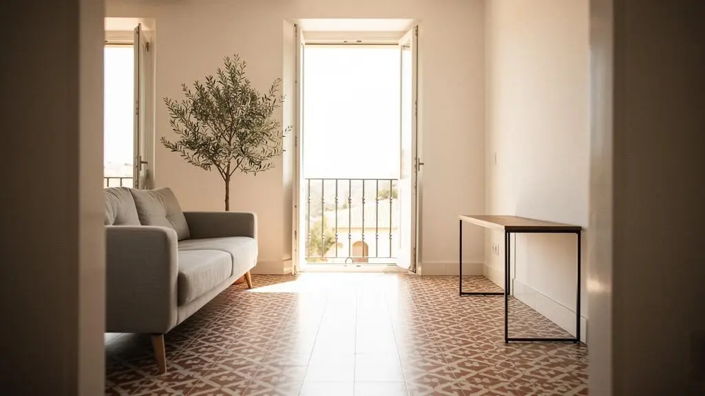 Salón luminoso de un piso español con mobiliario bien distribuido que permite una circulación fluida entre los espacios