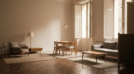 Salón luminoso de un piso español con zonas diferenciadas por alfombras y mobiliario, sin texto visible