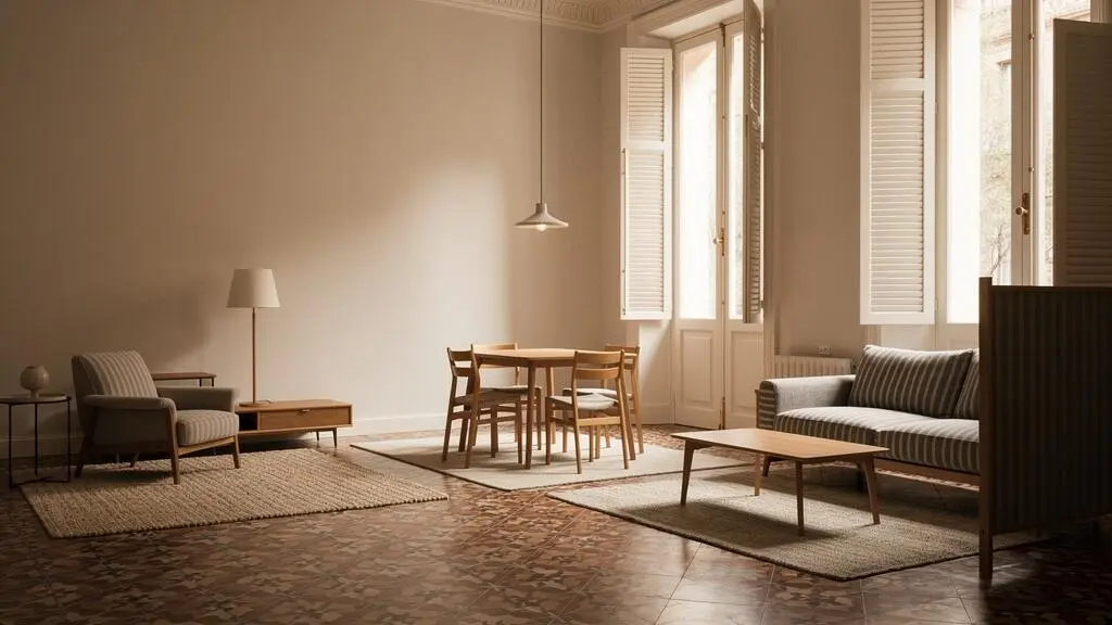 Salón luminoso de un piso español con zonas diferenciadas por alfombras y mobiliario, sin texto visible