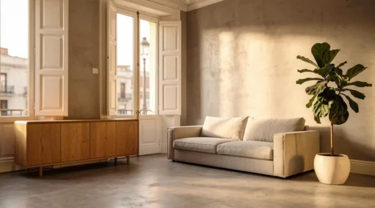 Salón contemporáneo español con paredes de microcemento cálido y luz natural mediterránea, combinando hormigón y madera