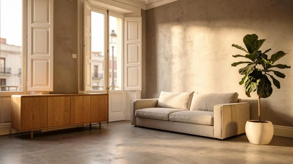 Salón contemporáneo español con paredes de microcemento cálido y luz natural mediterránea, combinando hormigón y madera