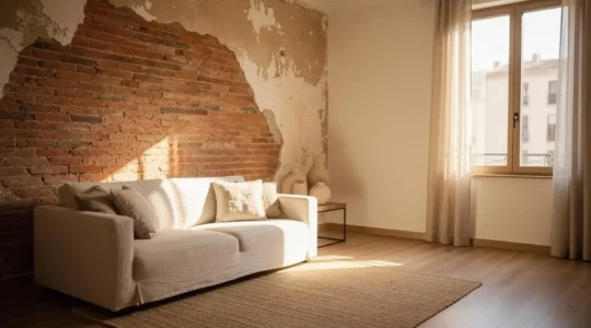 Salón de un piso español con una pared de ladrillo visto cálido combinada con textiles de lino y luz natural mediterránea