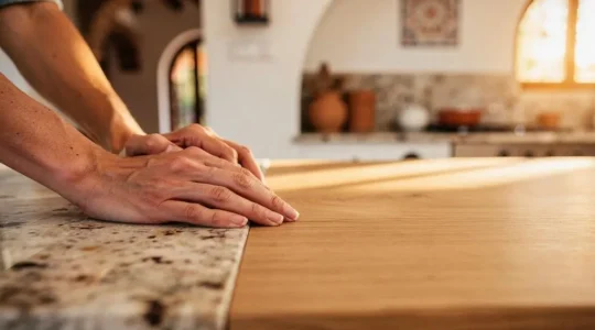 Manos tocando una superficie de piedra natural y madera en una vivienda española luminosa, simbolizando una inversión en materiales duraderos