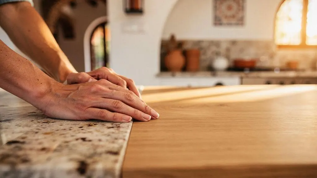 Manos tocando una superficie de piedra natural y madera en una vivienda española luminosa, simbolizando una inversión en materiales duraderos