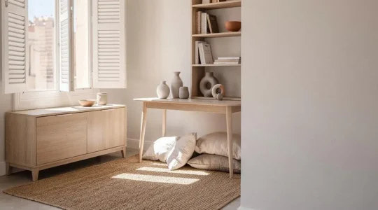 Salon luminoso con muebles de madera clara que amplia visualmente el espacio en un piso espanol