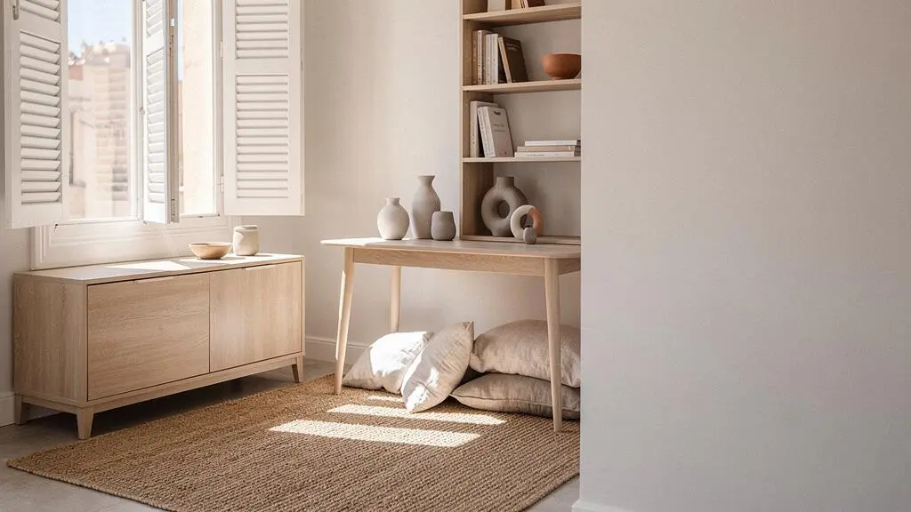 Salon luminoso con muebles de madera clara que amplia visualmente el espacio en un piso espanol