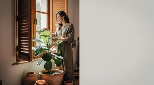 Mujer regando plantas verdes terapéuticas junto a una ventana luminosa en un piso de estilo español