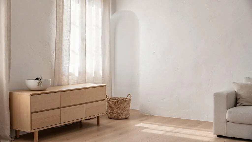 Salón luminoso y minimalista de un piso español perfectamente organizado, sin objetos fuera de lugar