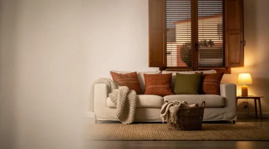 Salón español acogedor al atardecer con luz cálida, textiles de lana y una manta que invita al descanso tras un día difícil