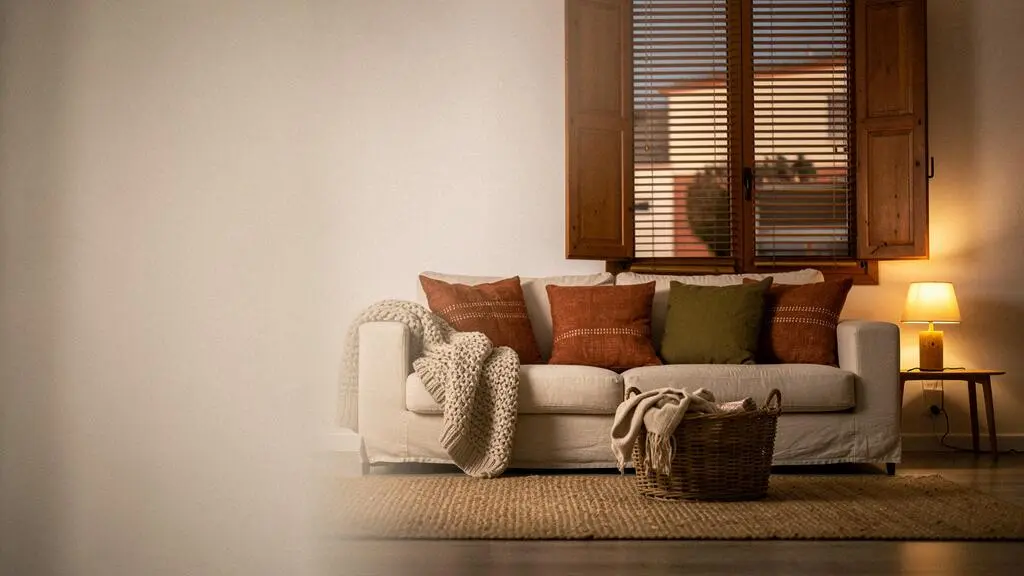 Salón español acogedor al atardecer con luz cálida, textiles de lana y una manta que invita al descanso tras un día difícil