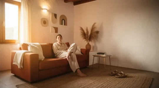 Salón español luminoso con textiles cálidos y materiales naturales que reflejan una decoración con personalidad duradera