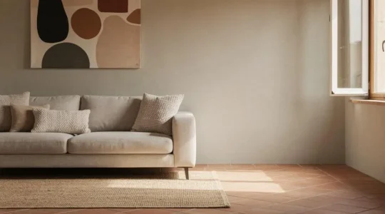 Salon luminoso de un piso espanol decorado con una paleta de tonos neutros calidos y texturas naturales