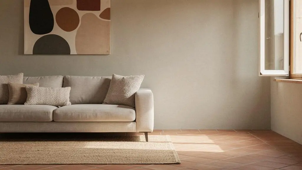Salon luminoso de un piso espanol decorado con una paleta de tonos neutros calidos y texturas naturales