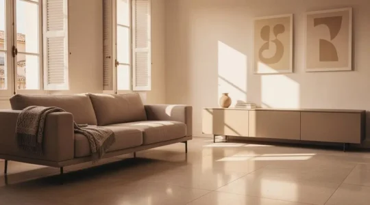 Salón español minimalista con muebles de líneas limpias y luz natural, símbolo de un hogar fácil de mantener