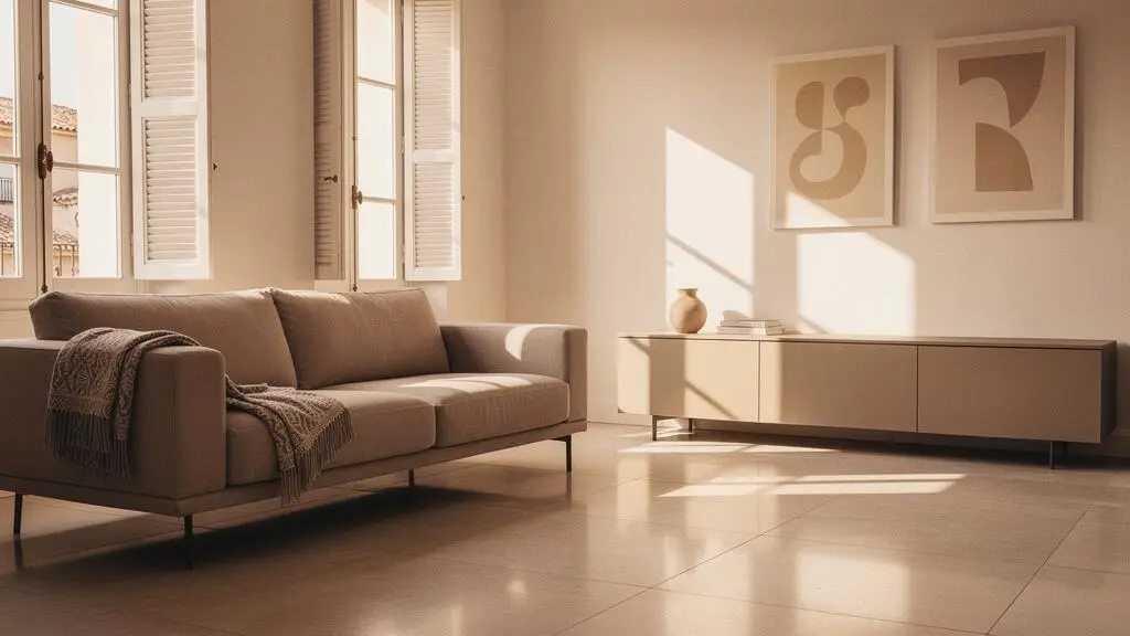Salón español minimalista con muebles de líneas limpias y luz natural, símbolo de un hogar fácil de mantener