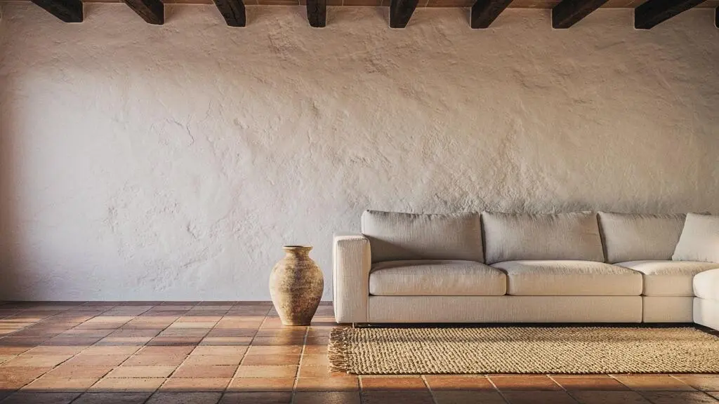 Fotografía editorial de un salón luminoso de estilo mediterráneo español donde conviven una pared encalada de textura rugosa, un sofá de lino natural y una alfombra de fibra vegetal