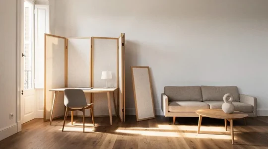 Salón luminoso de un piso español con un separador modular de madera y tela dividiendo una zona de despacho de la sala de estar