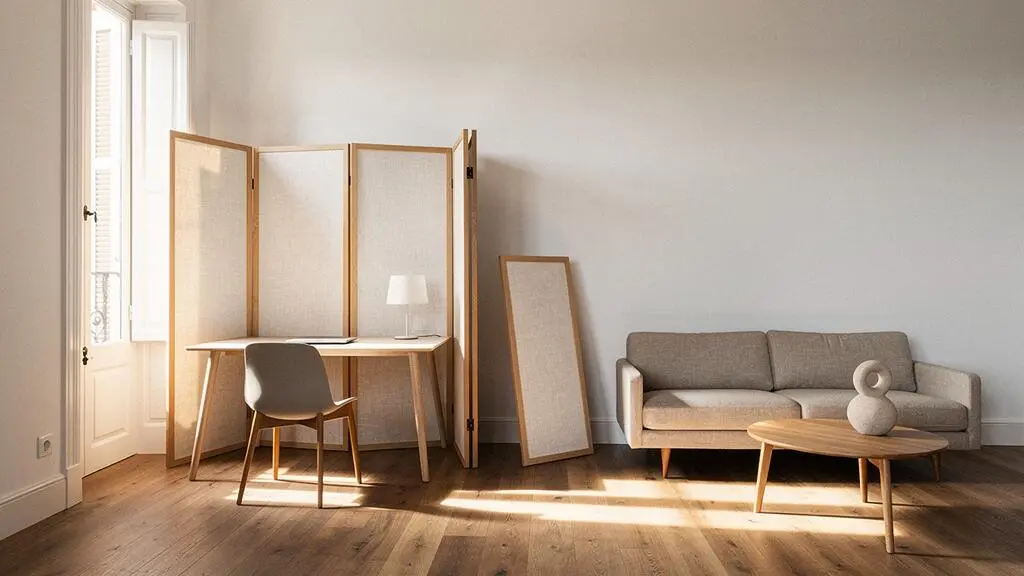 Salón luminoso de un piso español con un separador modular de madera y tela dividiendo una zona de despacho de la sala de estar