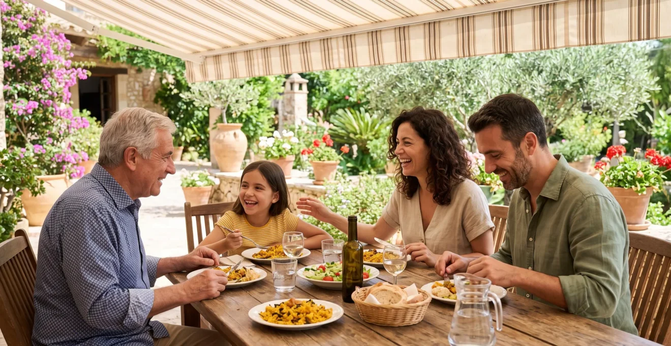 Familia española compartiendo comida en terraza sombreada por toldo, perfiles de lado sin mirar a cámara, ambiente natural contemporáneo