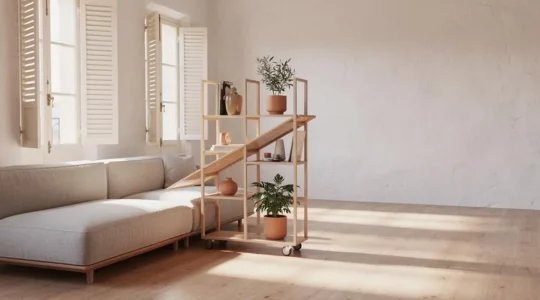 Salón luminoso de una vivienda española con mobiliario modular reorganizable, simbolizando un hogar flexible a largo plazo