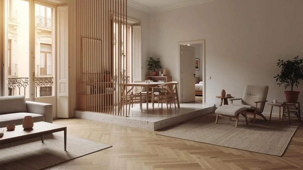 Loft luminoso de 45 metros cuadrados dividido visualmente en cuatro ambientes sin tabiques, con suelo de madera y luz mediterránea
