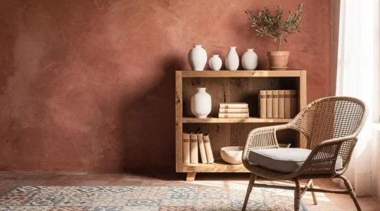 Salón de estilo mediterráneo español con una estantería de madera artesanal que imita el diseño de alta gama
