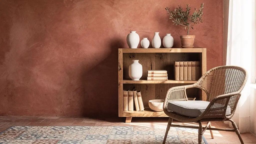 Salón de estilo mediterráneo español con una estantería de madera artesanal que imita el diseño de alta gama