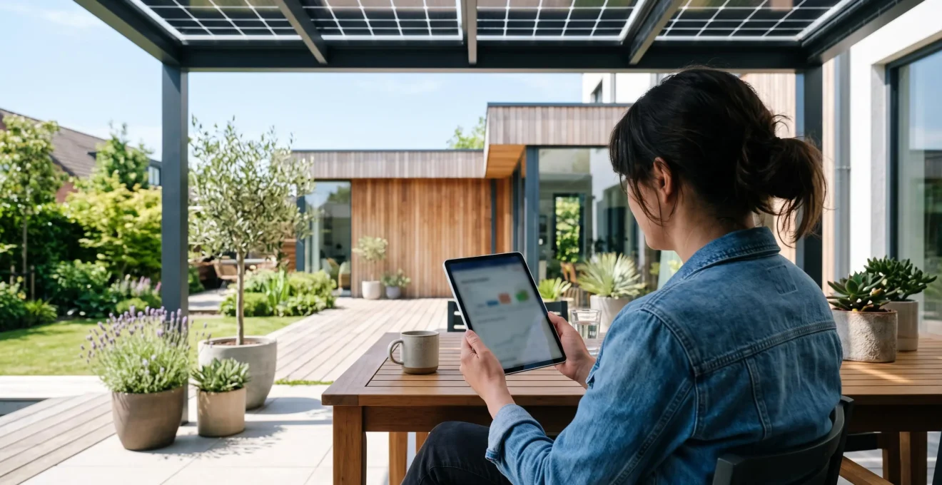 Vista por encima del hombro de una persona de espaldas revisando datos en una tableta bajo una pérgola solar moderna en un entorno exterior luminoso y contemporáneo