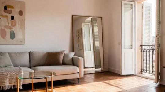 Salon luminoso de un piso espanol de 55 metros cuadrados con luz natural, mobiliario bajo y un gran espejo que amplia visualmente el espacio