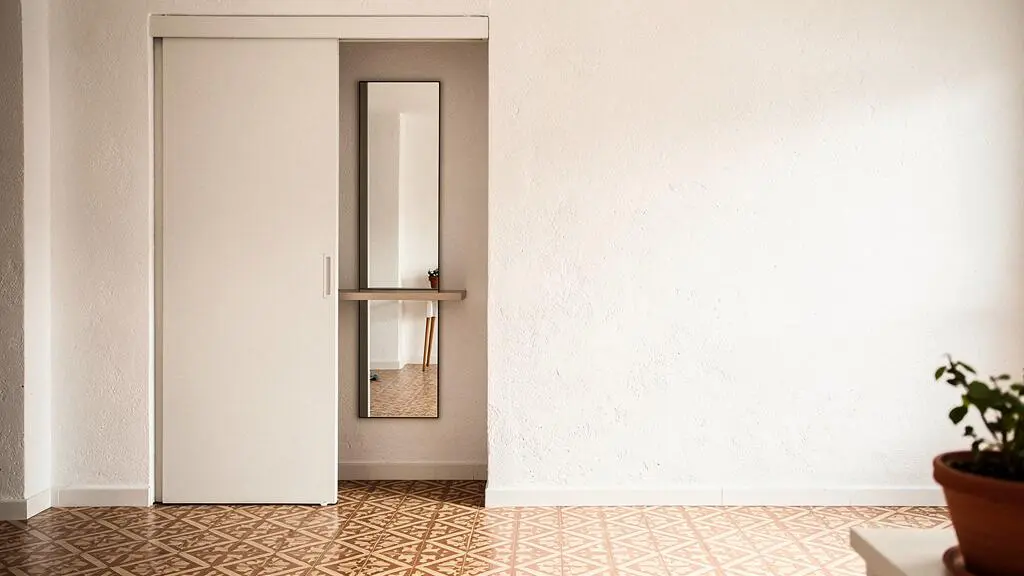 Puerta corredera empotrada integrada en la pared de un salón luminoso de estilo español, mostrando el espacio ganado junto al marco