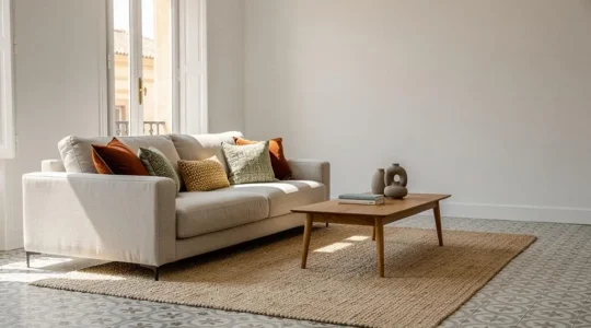 Salón español luminoso renovado con una alfombra de fibra natural y cojines de textura variada sobre un sofá neutro