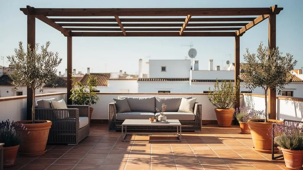 Terraza española transformada en un espacio habitable adicional con pérgola, mobiliario exterior y vegetación mediterránea