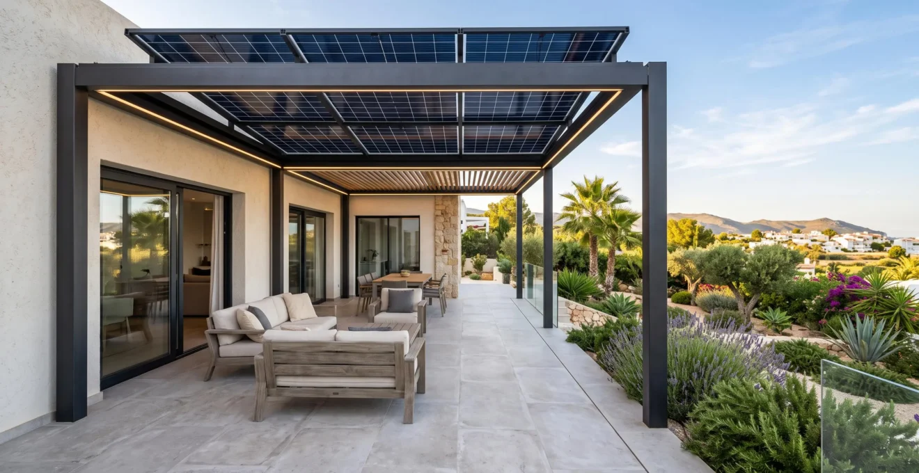 Terraza española contemporánea con suelo porcelánico claro y pérgola de estructura metálica equipada con paneles solares integrados, rodeada de vegetación mediterránea bajo luz natural brillante
