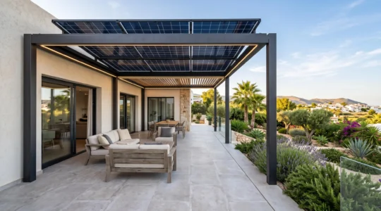 Terraza española contemporánea con suelo porcelánico claro y pérgola de estructura metálica equipada con paneles solares integrados, rodeada de vegetación mediterránea bajo luz natural brillante