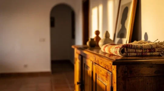 Salon espanol luminoso con aparador de madera y objetos personales desenfocados que evocan recuerdos familiares