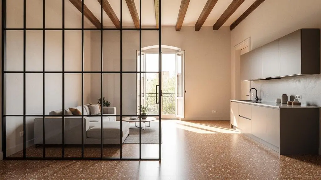 Mampara de vidrio tipo taller separando el salon y la cocina de un piso luminoso en Espana, dejando pasar la luz natural